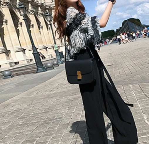 柄ブラウス＋ブラックワイドパンツセット セットアップ ブラウス ワイドパンツ 袖あり 7分袖 長袖 綿 上下セット 2点セット お得 爽やか 大人スタイル かわいい 大人可愛い きれいめ シンプル