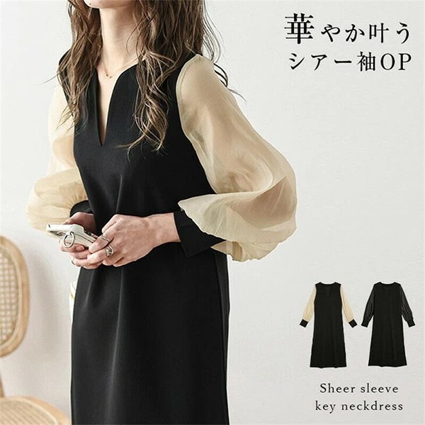 シフォンスリーブ ワンピース 透け感 シアー スリットネック 長袖 レディース おすすめ おしゃれ ブラック エレガント フェミニン de167zbzbt2