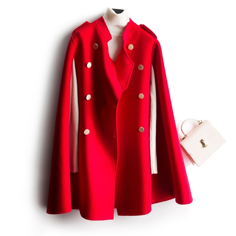 秋冬ファッションレディース新作ウールノースリーブケープ無地ミッドレングススリムフィット両面ウールコート 6,414円