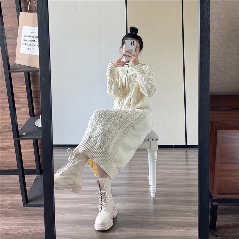 秋冬新作半高襟ファスナー麻花ストレートニットインナーワンピースセータースカート女