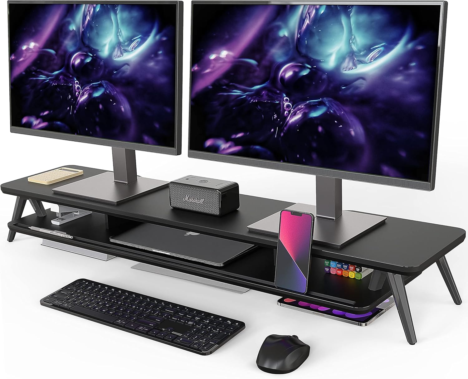 木製天板とアルミニウム製脚の2段モニター台 108cm横幅 デスクトップ用収納スタンド