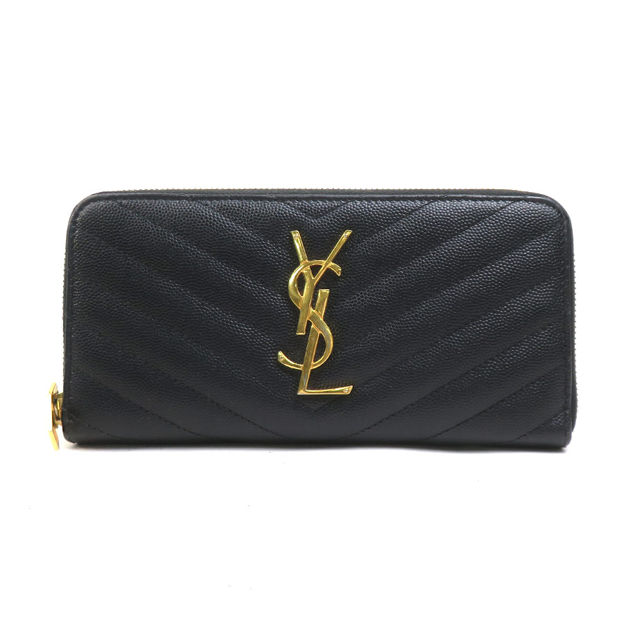 サンローラン SAINT LAURENT ラウンドファスナー長財布 レザー ブラック ゴールド レディース h31776g