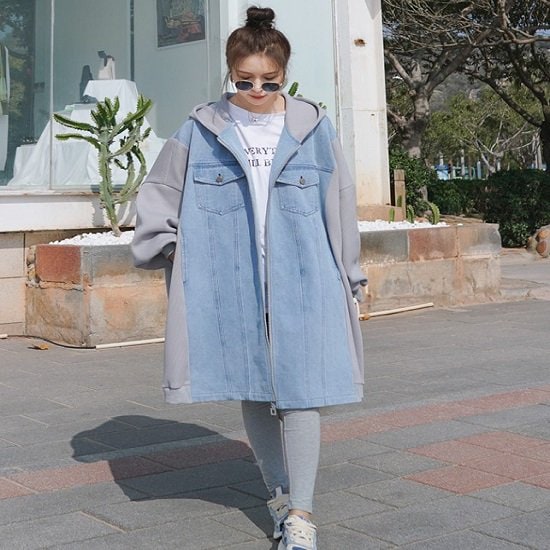 【取寄：納期2週間】コート デニム バイカラー かわいい デニムコート ミディアム丈 ブルー カジュアル おしゃれ コート レディース デニム ゆったり 体型カバー コート デニム バイカラー