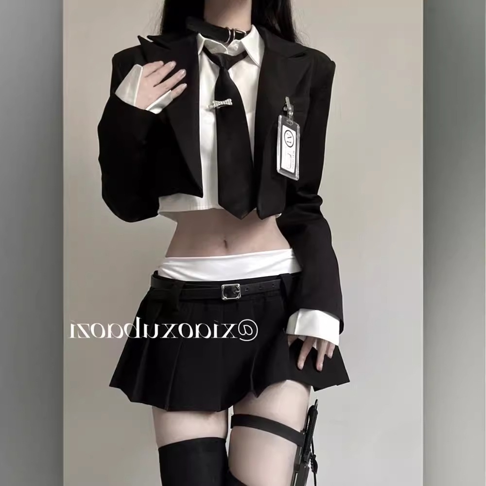 清純でセクシーな女性用JK制服セット春秋用ショートシャツスーツジャケットカラーブロックショートスカートの3点セット