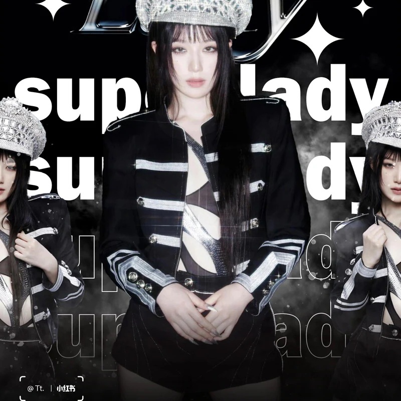 ギドル パフォーマンス衣装 スーパーレディ ジャズダンス衣装 ブラックスーツ ステージ衣装