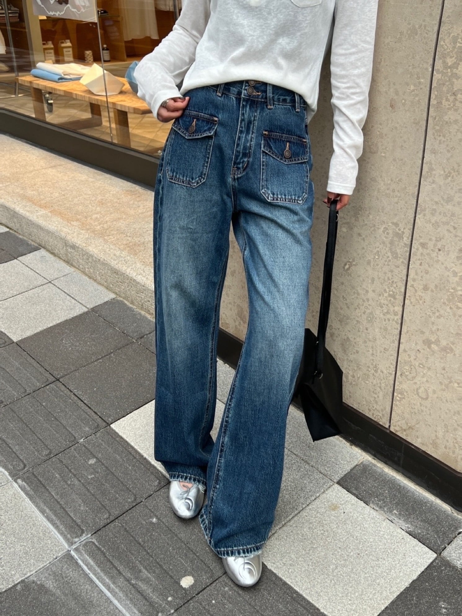 ツーボタンアウトポケットデニムパンツ