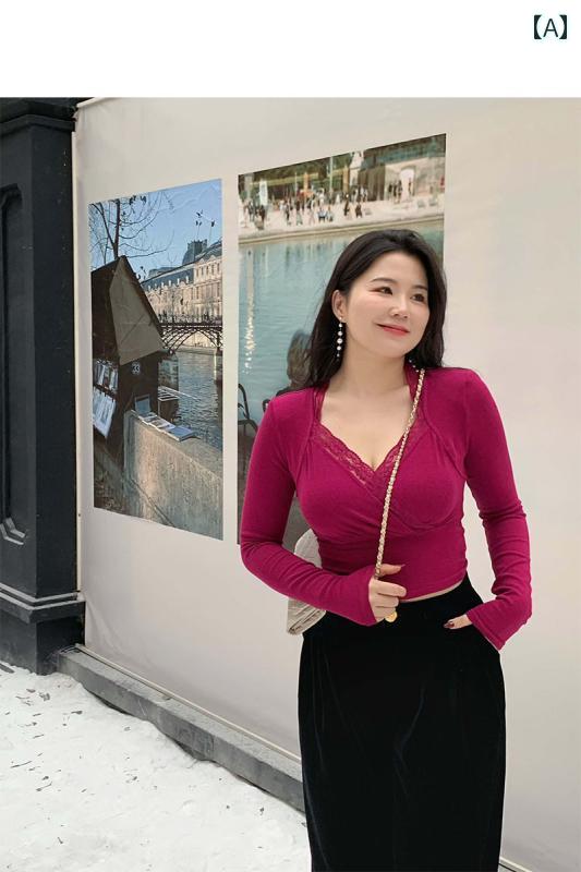 大きめサイズ レディース トップス カジュアル おしゃれ デート 女子会 普段使い 冬 魅惑 Vネック レース インナー Tシャツ スリム