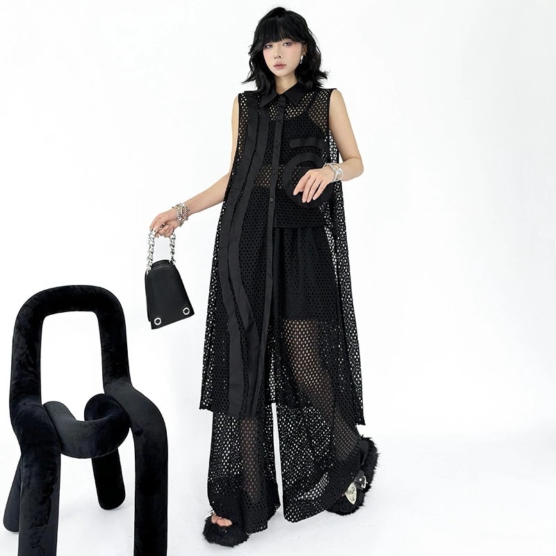 【Noir Mode】 夏 アシンメトリー 透け感 ロング ベスト+ゴム ワイドパンツ セット デザイン性 ブラックコーデ 大きいサイズ レディース 体型カバー レディースベスト スラックス セットア