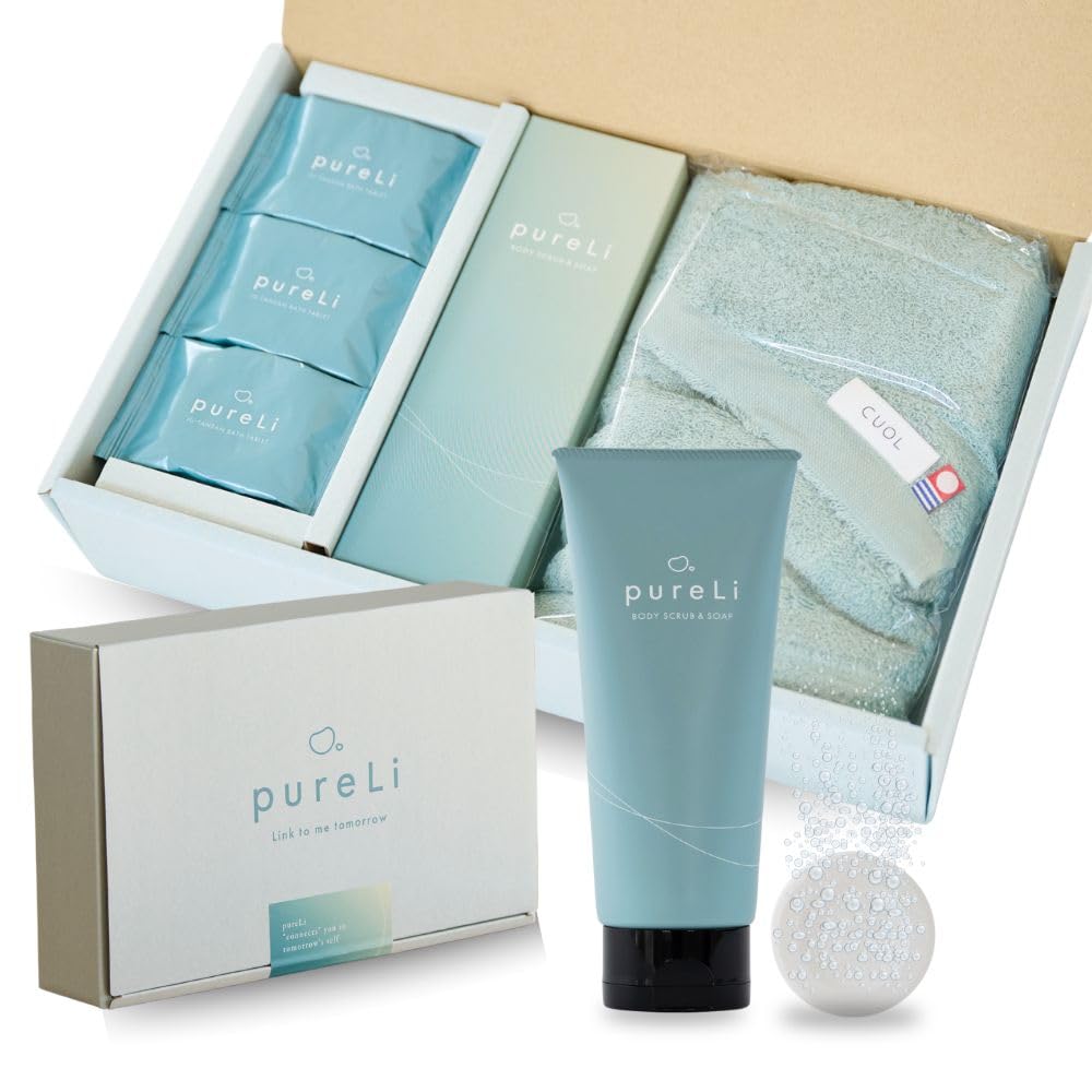 【ギフト用】pureLi ピュアリ 重炭酸 入浴剤 6個 と ボディスクラブ 今治フェイスタオルのギフトセット 炭酸 入浴剤 プレゼント お祝い 今治タオル セット ギフトボックス (ミント)