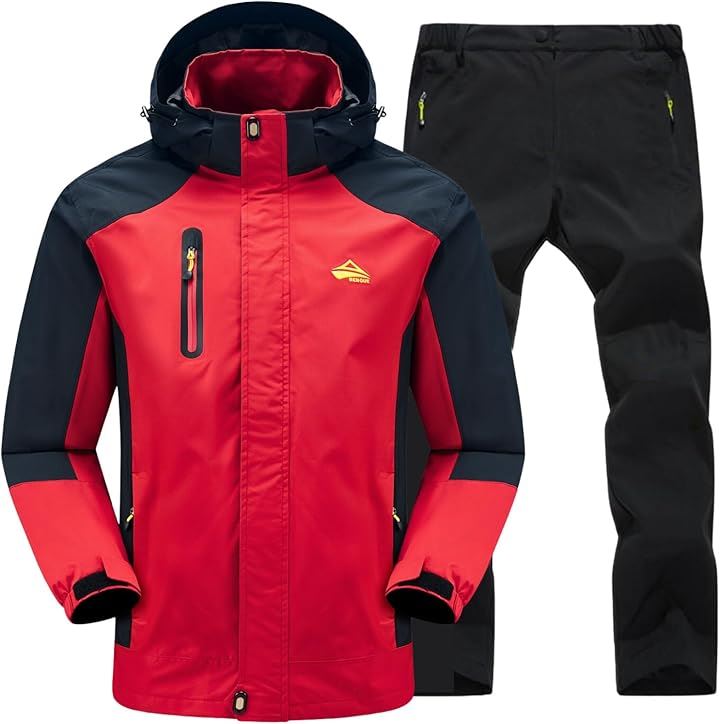 雨風に強い アウトドアジャケット 上下セット メンズ 登山 釣り バイク 自転車 キャンプ トレッキング 防水 ウェア 通勤 通学(5.レッド (速乾トレッキングパンツ), XL)