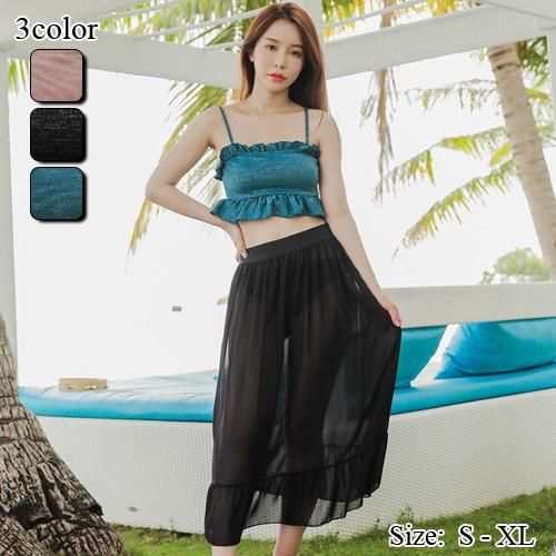 【グラシア】 水着 セット水着 レディース ビーチウェア スイムウェア 流行 海 プール チューブ フリル ラメ リゾート 透け感 ピンク ブラック ブルー S M L セット水着