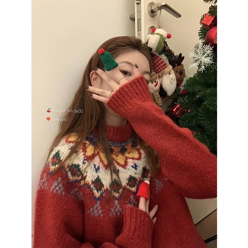 雰囲気のあるレトロなアイスランドのクリスマスセーター女性用 秋冬新しいスタイル怠惰なスタイルのルーズアウターセータートップ