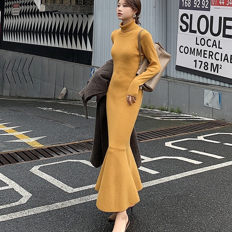 ワンピース ロングワンピース ニットワンピース 長袖 タートルネック マーメードスカート タイト かわいい 大人可愛い きれいめ シンプル 上品 おしゃれ かっこいい カジュアル こなれ感 個性的