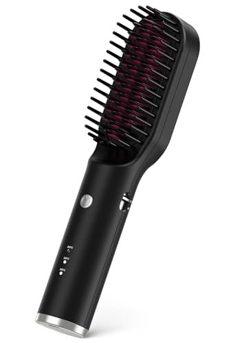 Ryanboo ヒートブラシ コードレス USB充電式 ストレートヘアアイロンブラシ コードレス ミニ ヘアブラシアイロン ストレート 持ち運び 3段階温度調整 MAX200℃ ポーチ付き