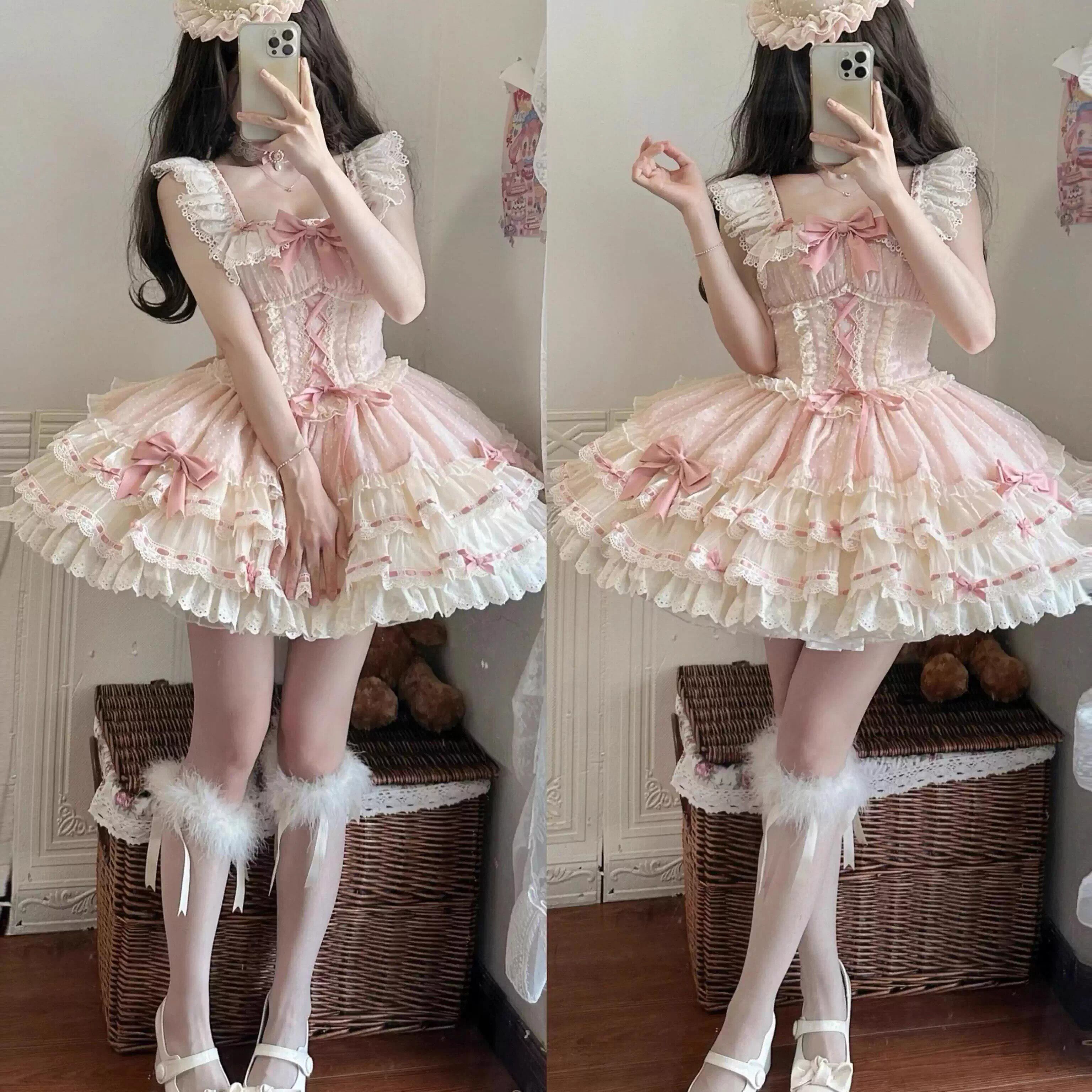 ロリータスカートときめき人形風バレエ風ケーキスカートピンクロリータドレス（スカート・ネックレス・帽子を含む）