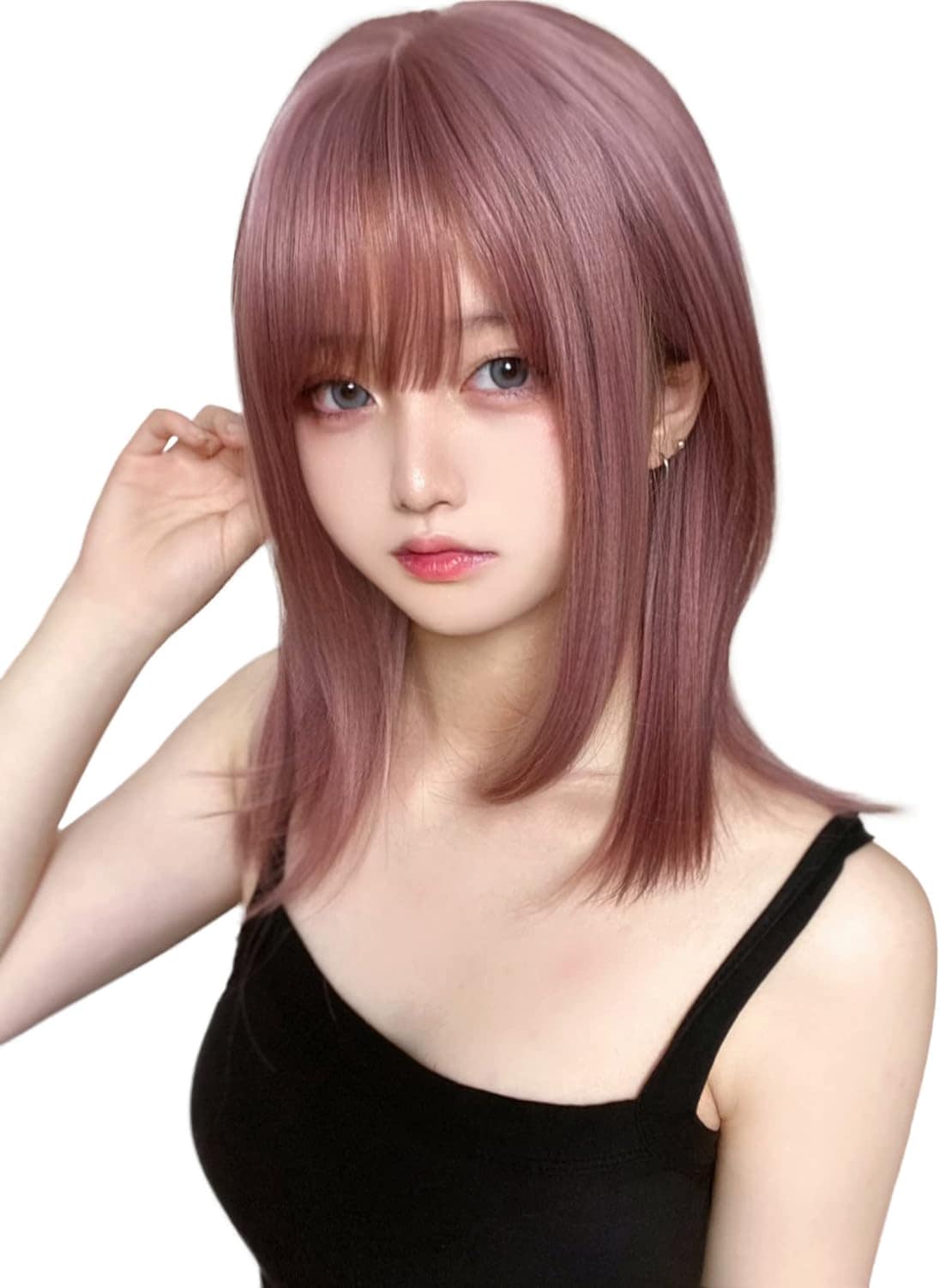 ウィッグ セミロング ストレート 黒 金髪 インナーカラー グラデーション ミディアム フルウィッグ サラサラ ぱっつん ネット付き モーブピンク