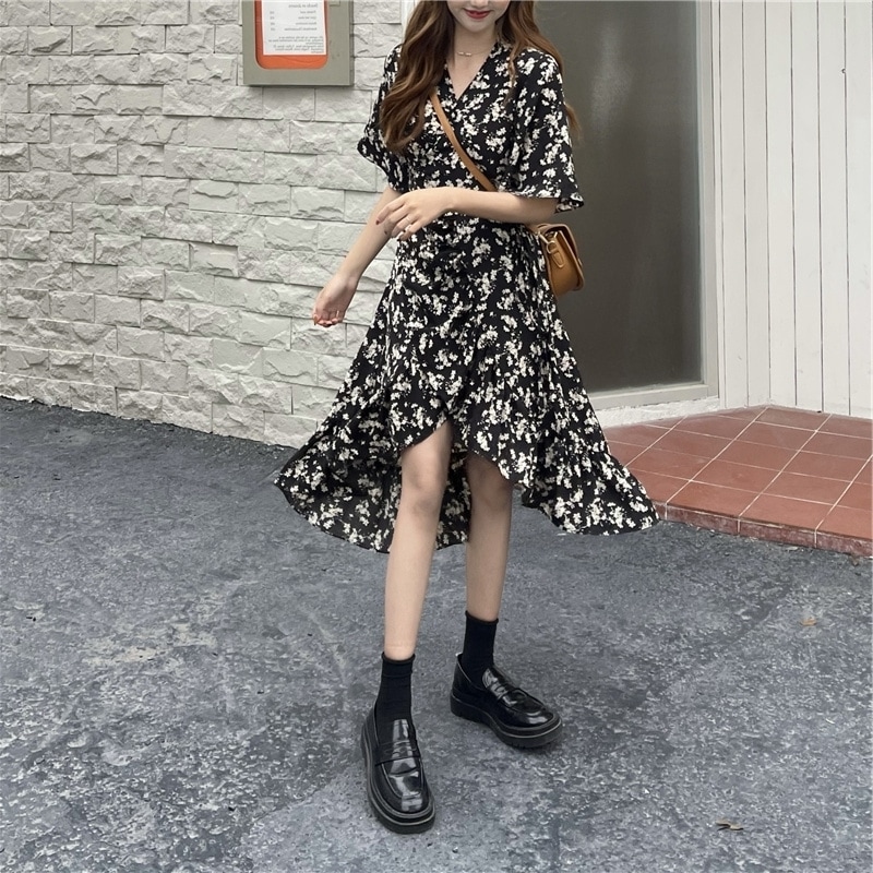 ワンピース 膝下 袖あり 5分袖 五分袖 Vネック フレア シフォン かわいい 大人可愛い