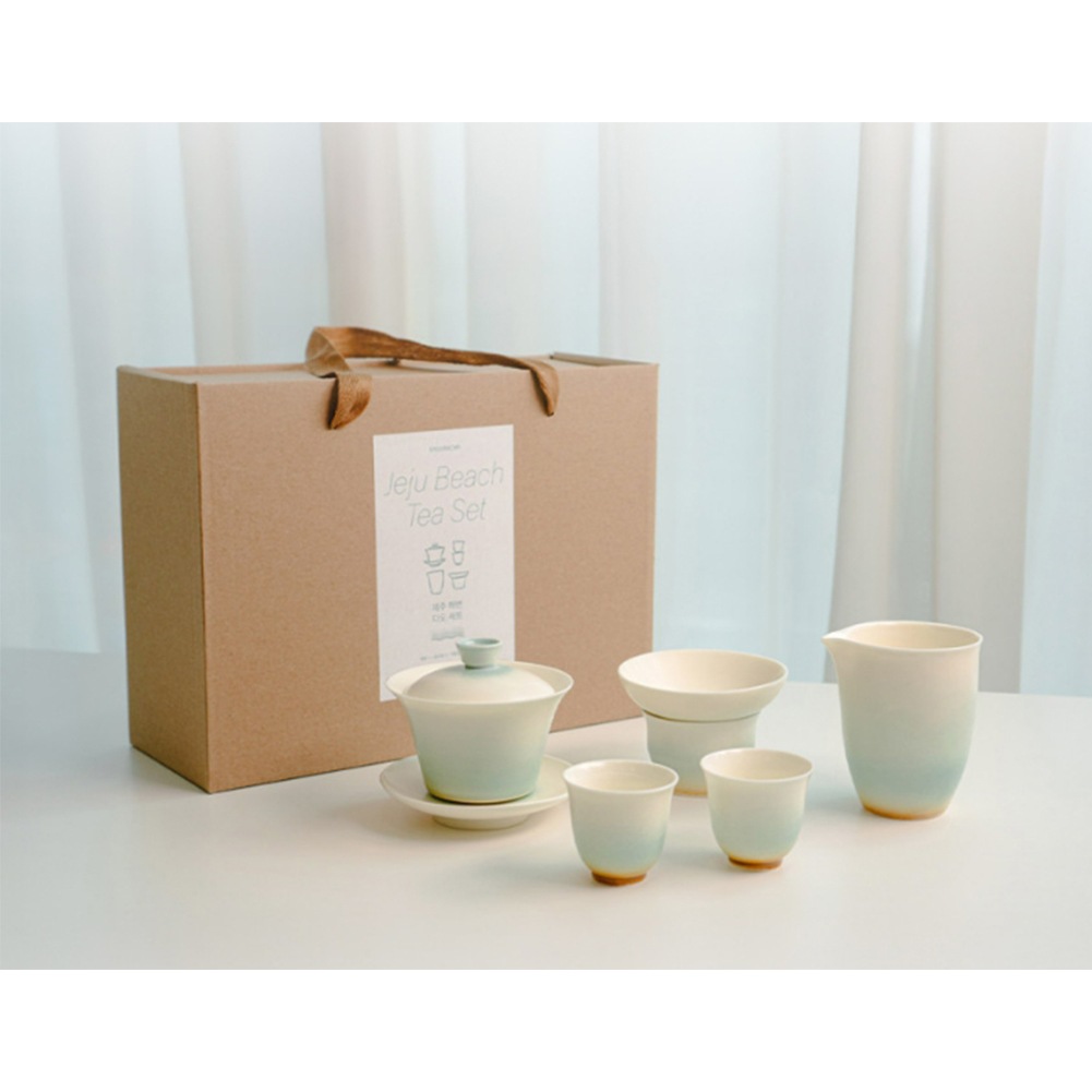 済州島ビーチ陶器製功夫茶セット - 手作りの蓋付き茶碗公平な分かち合いのピッチャーカップ韓国の海をイメージした茶道セット [並行収入]
