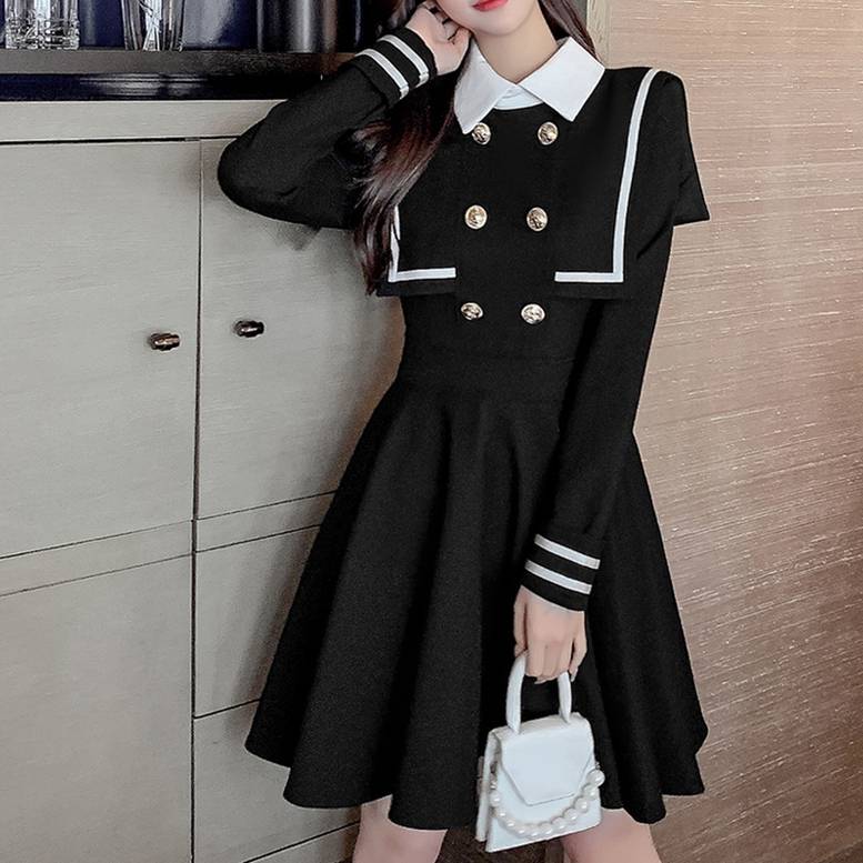 ワンピース ドレス レディース セーラー服 フレア ひざ上 膝上 長袖 ダブルボタン 襟つき コスプレ ゴスロリ おしゃれ かわいい 清楚 お呼ばれ デート S M XL モノトーン バイカラー L