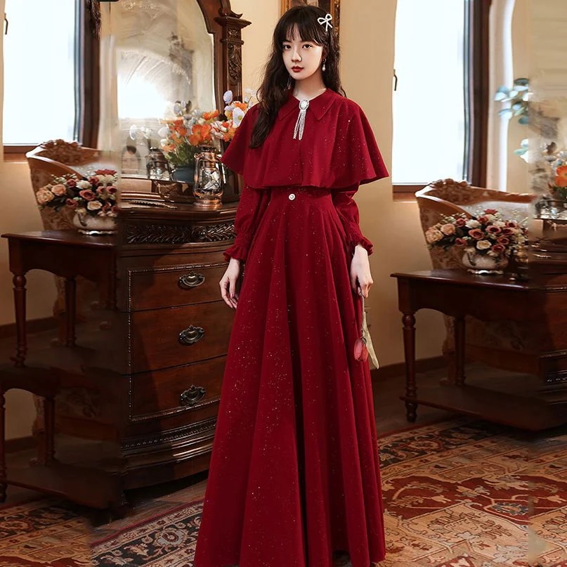 ウェア ブライダル 2025 長袖 高貴 結婚式 お返し 婚約ドレス 秋冬 赤 腕カバー ミドル丈