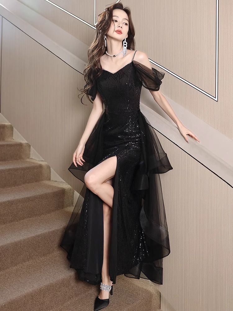 女性のための宴会黒イブニングドレス 2024 ドレスエレガントな気質