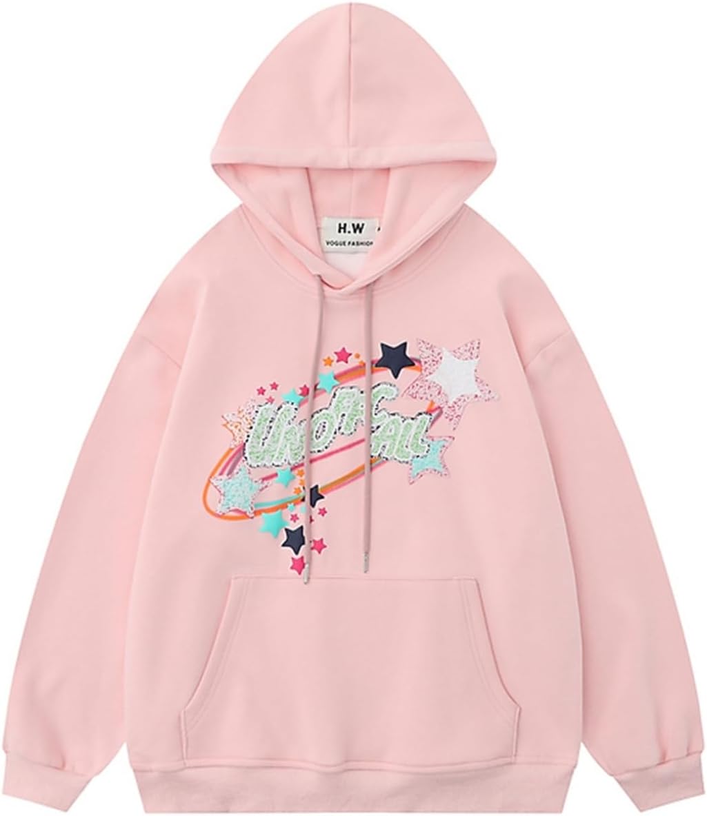 フルオーバー 星柄 刺繍 英語柄 メンズ レディース 長袖パーカー フード付 カップル 秋 冬 トップス ピンク かわいい 日系 オリジナル カジュアル コンフォート 薄い ペアルック ジョギング プ