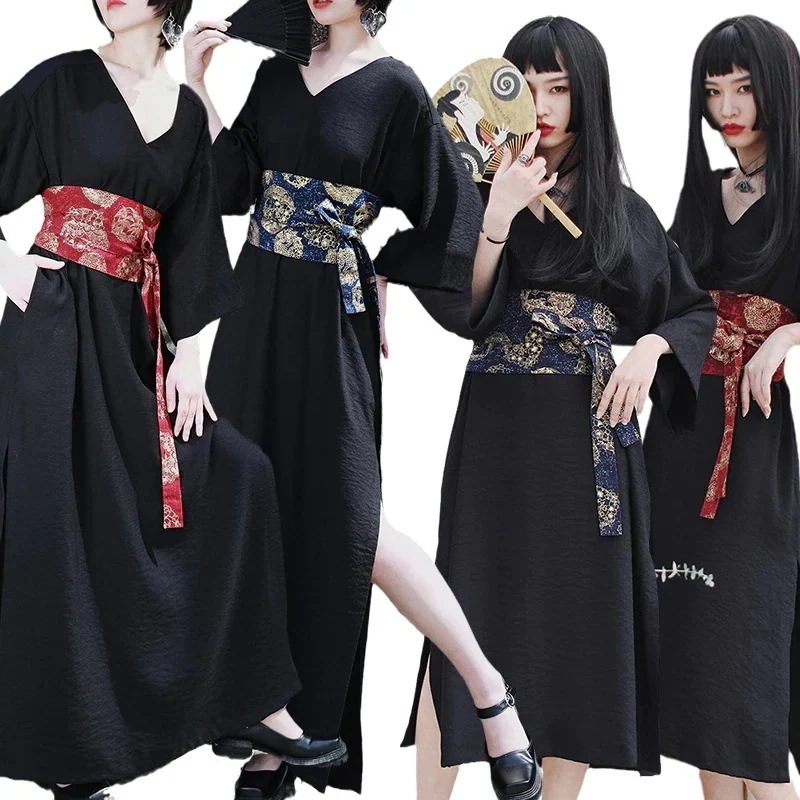 【急速出荷!】和風ワンピース ロング 半袖 マキシワンピース 黒 腰巻付き 改良浴衣 お祭り 花火大会 撮影