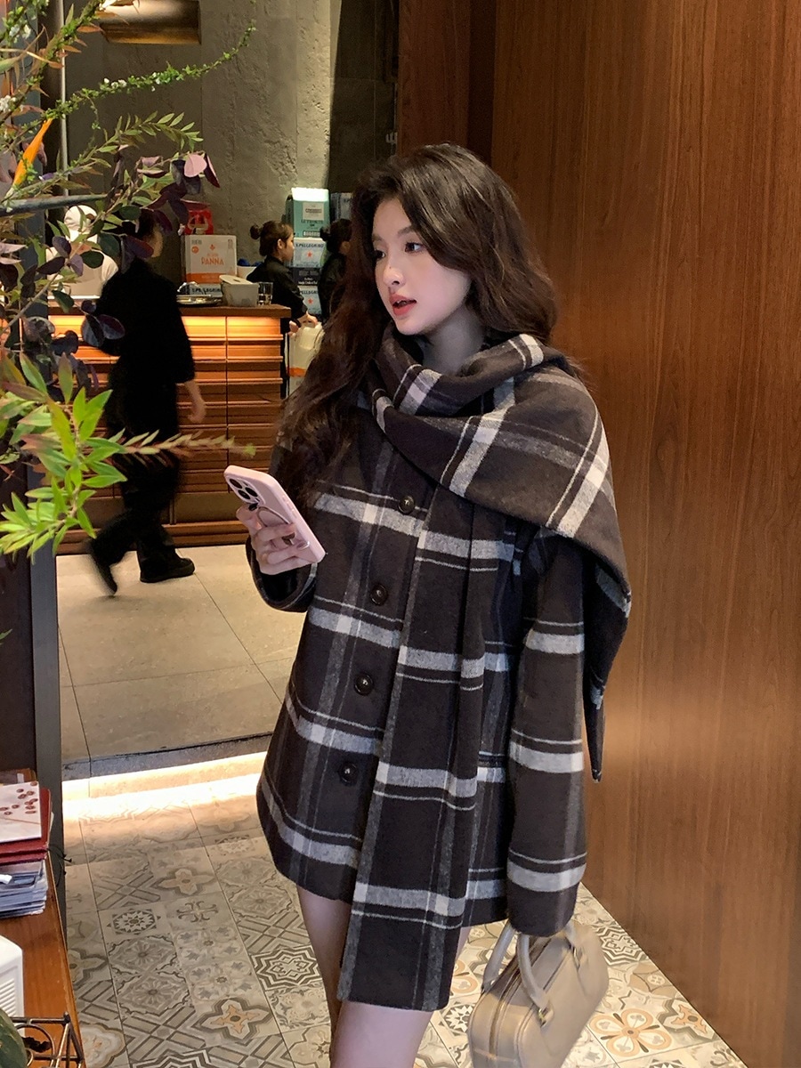 韓国版ウールツイードジャケットスカーフホップスコッチカジュアルミディアム丈コート女性