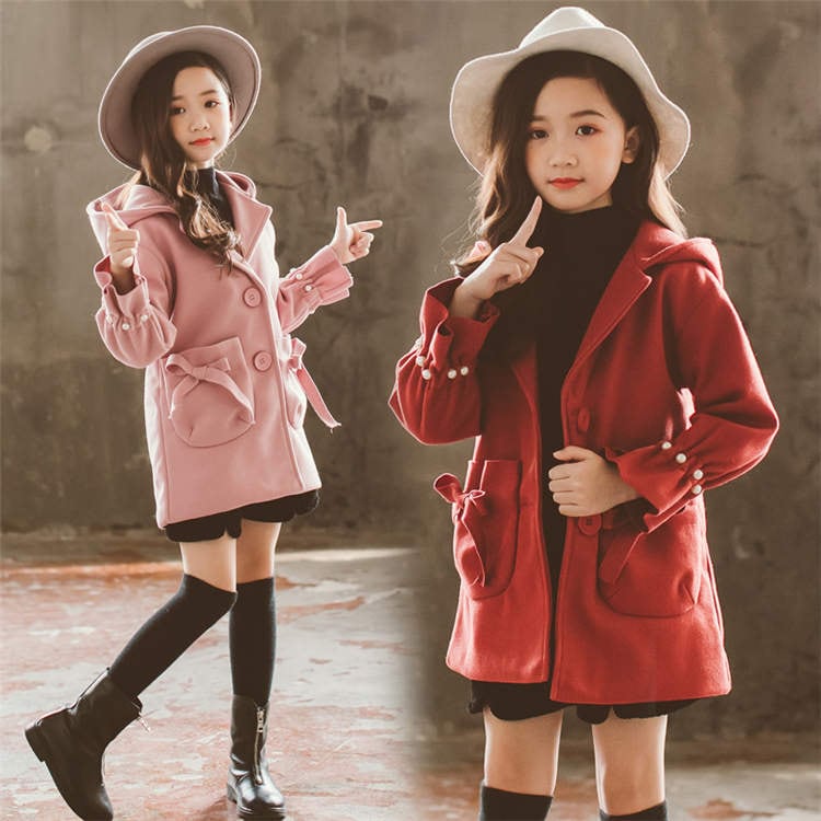 ジュニア リボン 女の子 おしやれ メルトン スプリングコート お出かけ 新品 冬 女児 ガールズ 長袖 無地 秋着 子供コート パフスリーブ フード付き 冬服 防寒対策 アウター 通学着 子供服 秋