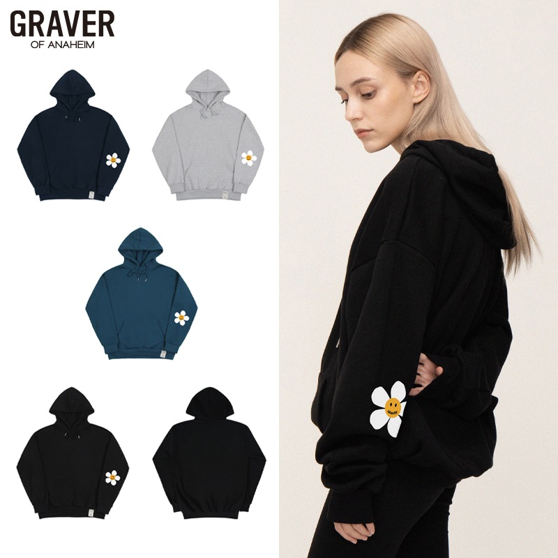 エルボー フラワードット ワンポイント ホワイトクリップ フードTシャツ_4color