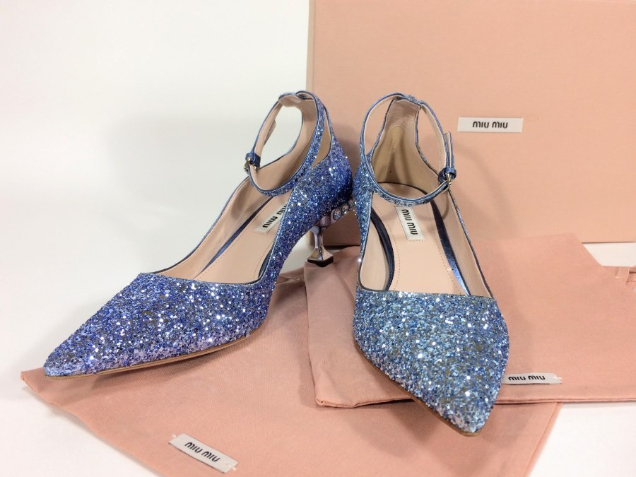 パンプス 24cm グリッター ストラップ ラメ ブルー 【中古品】