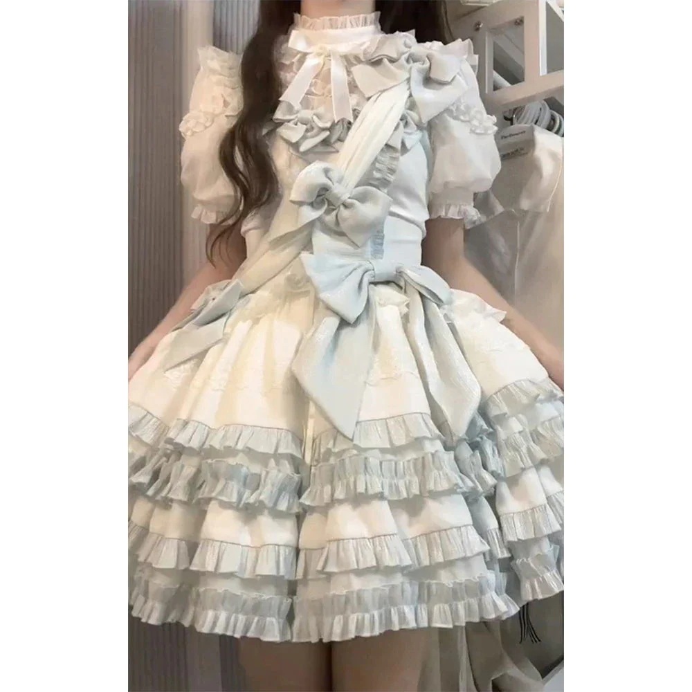超人気青と白 ロリータドレスセット かわいいロリータ レースリボンのプリンセスドレス コスプレ コスム ワンピース