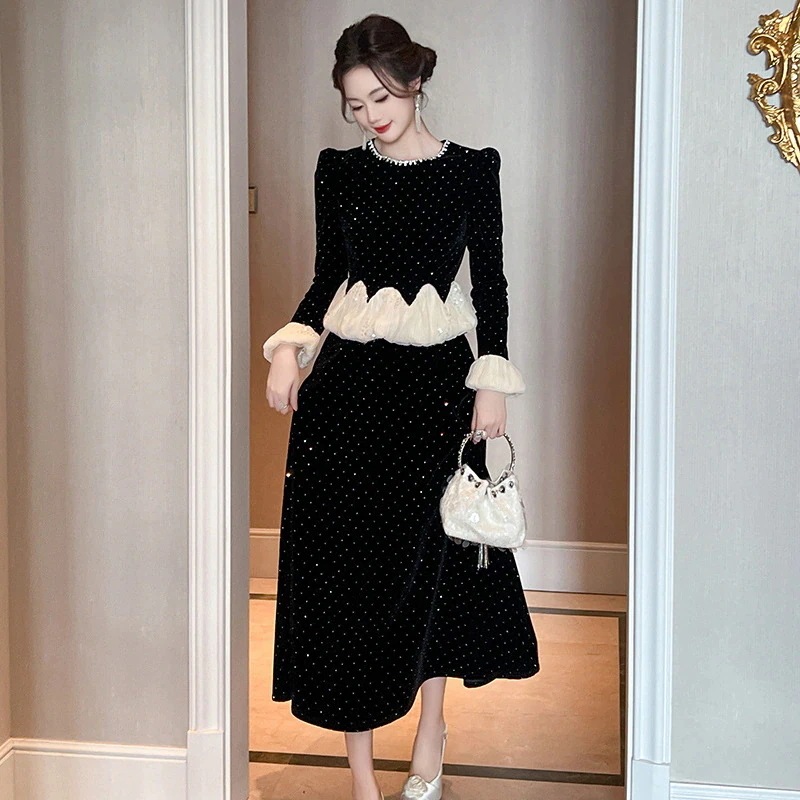 高品質新入庫2025 秋冬 ドレス ワンピース 新作 人気 フリル ウエスト引き締め パーティードレス レディース ドレス