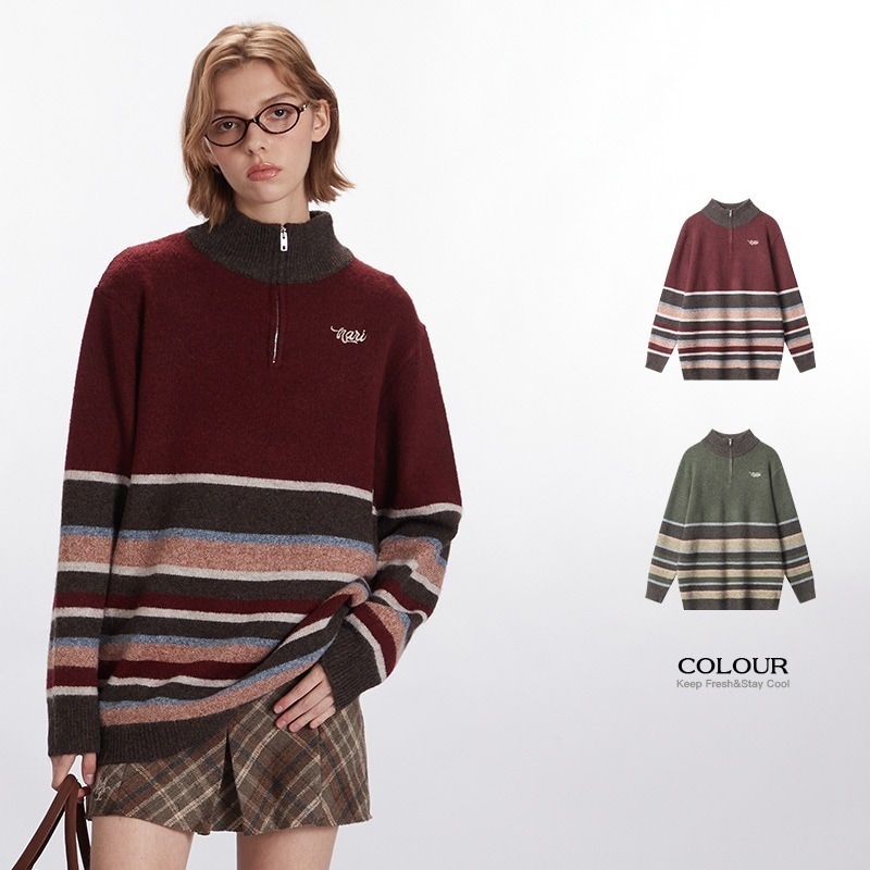 Nariele 2024 アメリカンレトロコントラストカラーストライプラウンドネックセーターレディース秋冬万能怠惰なニットセーターゆったり