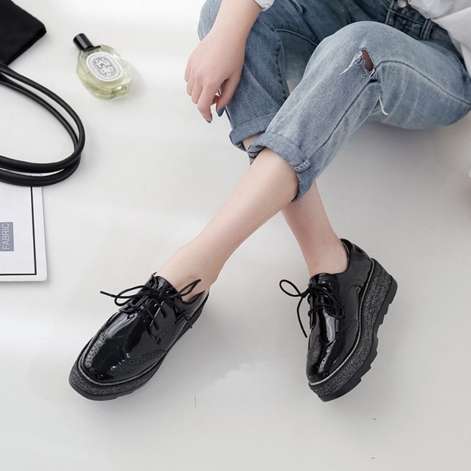 ツーカラーフラットシューズ 厚底シューズ オックスフォードシューズ 韓国 レディース オルチャン 22 22.5 23 23.5 24 24.5 厚底5センチヒール 黒 ブラック ベージュ