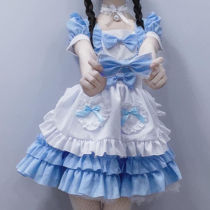 メイド服 可愛い コスチューム ロリータワンピース 可愛いメイド服 ティアードワンピース ハロウィン お化け コスプレ衣装 パーティー衣装 文化祭 忘年会 変身仮装 ブルー メイド服
