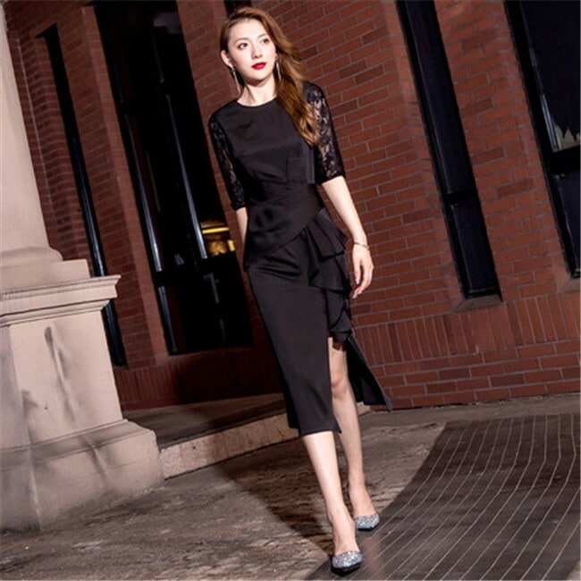 ブラック ミデイアム丈　ミディアム丈　ミディアムドレス 二次会ドレス フォーマルドレス　春 夏 秋 冬 パーティドレス 二次会 2次会 レース 成人式 同窓会 謝恩会 大学生 服装 入学式 卒業式