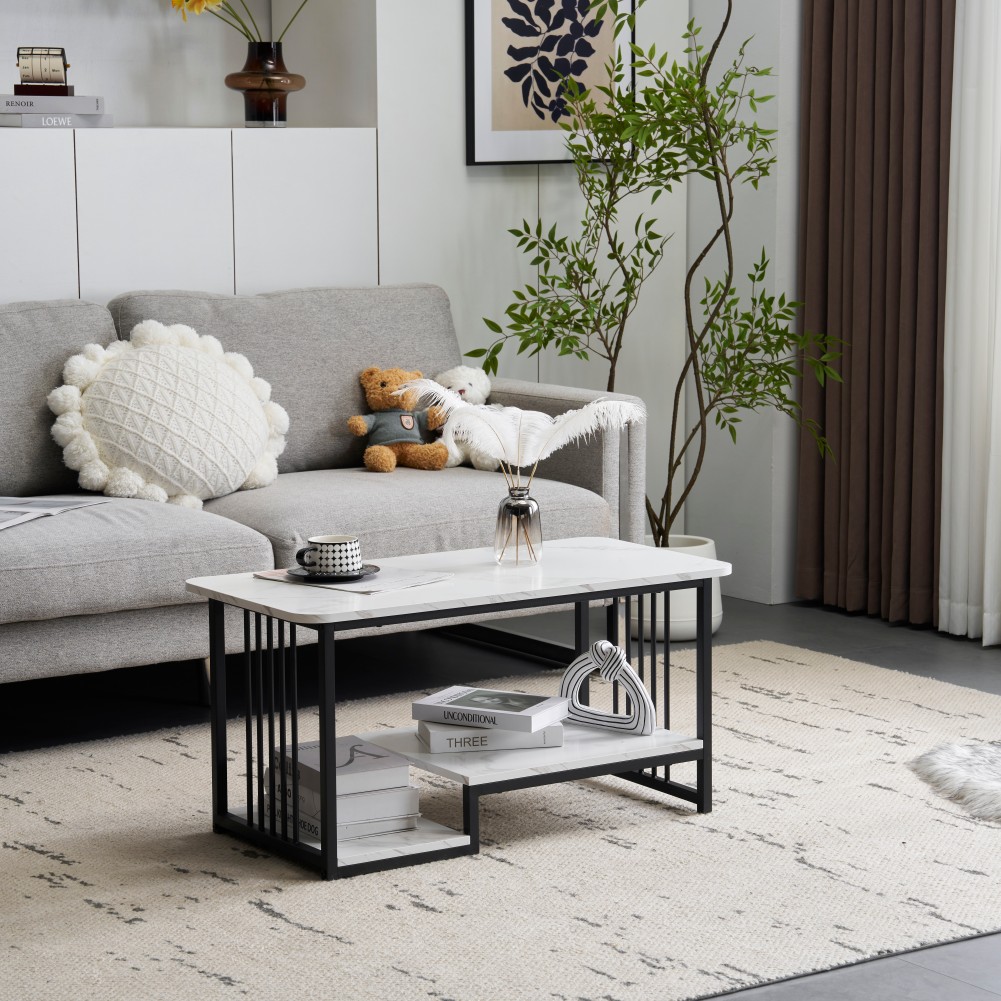 70【新作登場】センターテーブル 大理石調 幅90cm 収納付き 長方形 ローテーブル おしゃれ 収納棚 コーヒーテーブル リビングテーブル コンパクト 北欧 カフェテーブル【ホワイト＋ブラック】