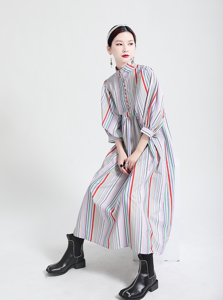 【LycoAn】レインボーストライプドレス /カラフルライン/パフスリーブ/ワンピース