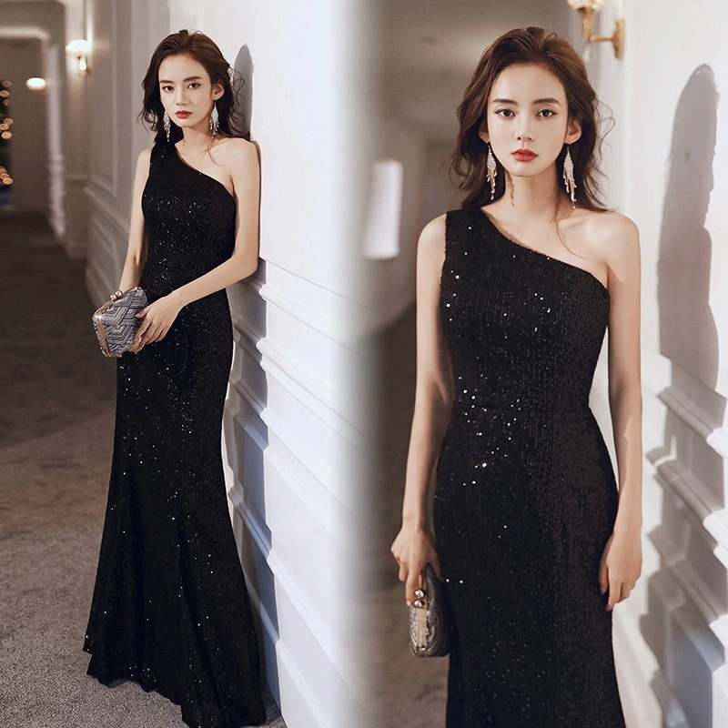 マーメイドドレス イブニングドレス 黒 ロングドレス ワンショルダー スパンコール キラキラドレス 発表会ドレス パーティードレス キレイめ ドレス マーメイドライン ノースリーブ 無地 S M L 6,577円