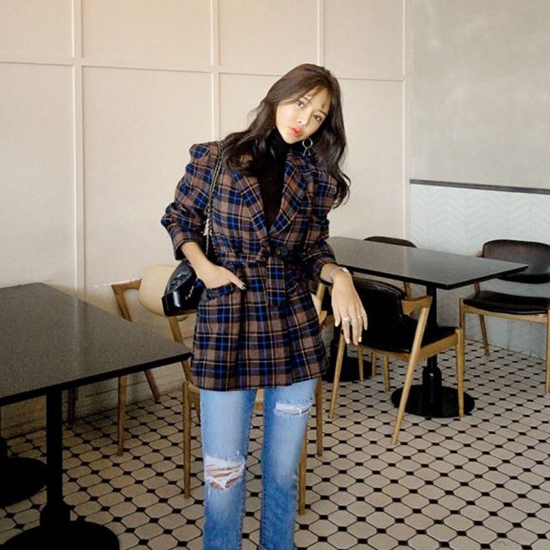 5187.チェック柄パフスリーブ風ジャケット 2019 春夏 sale アウター 美ライン おしゃれ きれいめ カジュアル オフィス ビジネス お出かけ パーティー 女子会 普段使い 通勤 通学