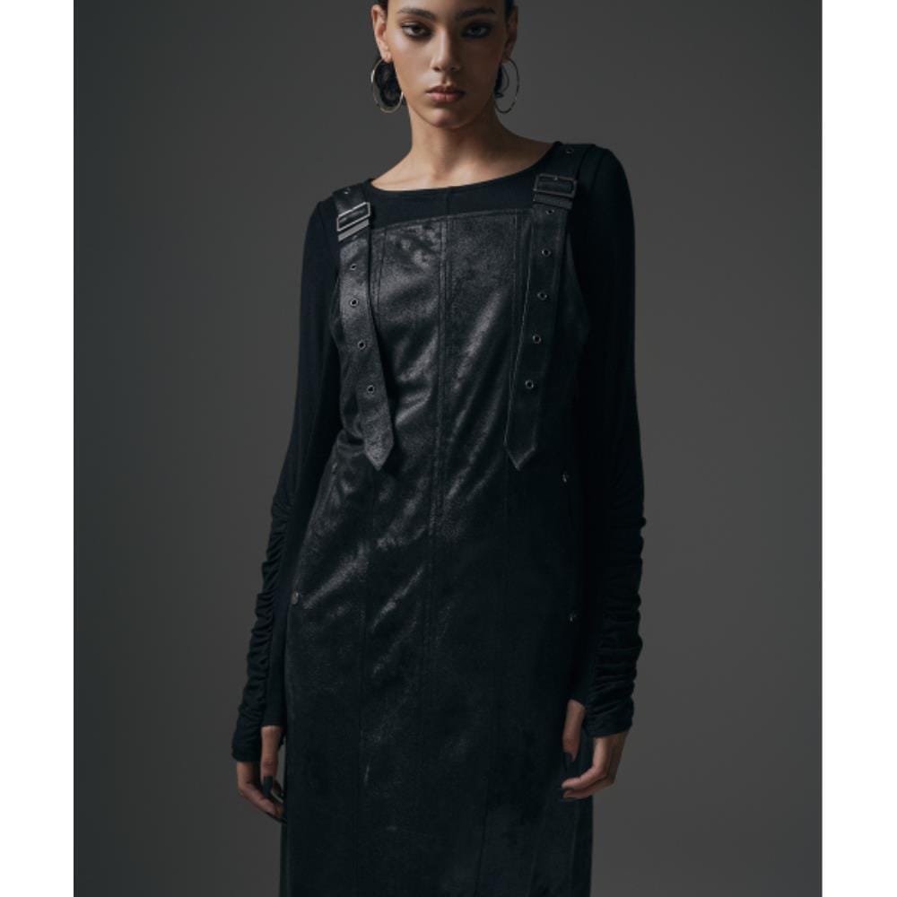 TREEMINGBIRD Crack Suede Suspenders Onepiece Black TM2