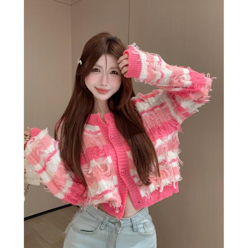 レディース トップス ニット オシャレ 韓国 スタイル カワイイ カジュアル セーター カーディガン 長袖 ニット 秋 冬 インナー デザイン ルーズ レインボーストライプ タッセル ショート セータ