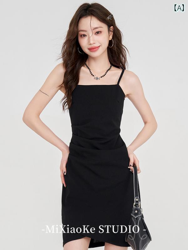 ワンピース レディース フランス レトロ 黒 サスペンダードレス 夏 痩せ見え パーティ ディナー 大人かわいい セクシー モダン フェミニン きれいめ