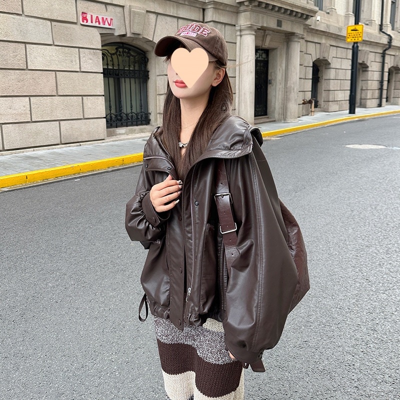 2025 冬メイラードカジュアルスポーツプロテインレザーフード付きダウンジャケット薄型オートバイショート肥厚ジャケット女性 5,025円