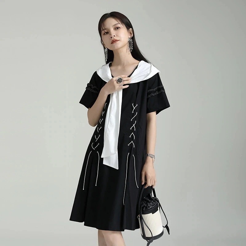 【J.Fashion】 セーラー襟 体型カバー チュニック ショートワンピース レトロ 夏 編み飾り おしゃれ レディース おしゃれ 上質 関連商品は店で購入可能 メガ割30%までに制限