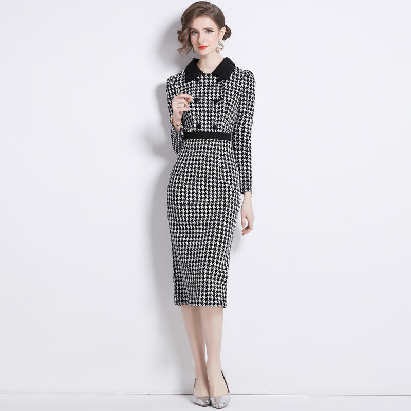 大特価S～3Lパーティー ドレス ロング フレアワンピ ワンピース ワンピ パーティードレス パーティーワンピ 結婚式 二次会 大きいサイズクラシカル系 レトロ感 上品感 定番黒白 千鳥柄 長袖