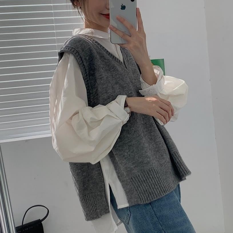 レディース トップス ニット リブニット ニットベスト ジレ ビックシルエット プルオーバー