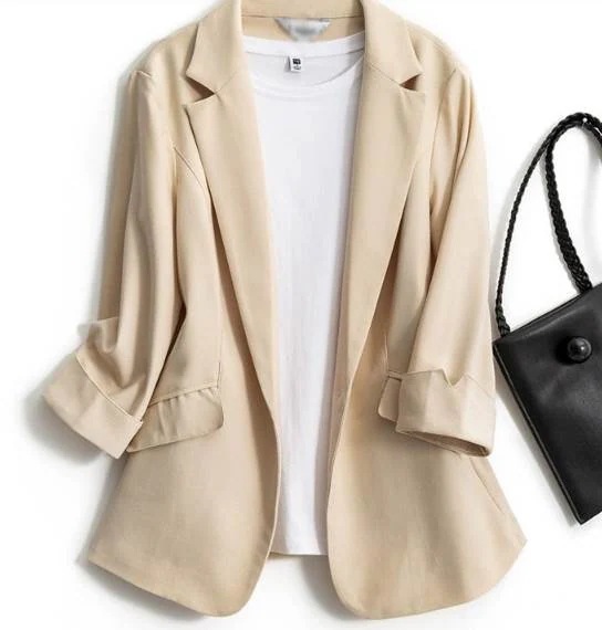 レディース ジャケット アウター 上着 ミドル丈 7分袖 折り返し袖 襟付き ポケット 薄手 リネン