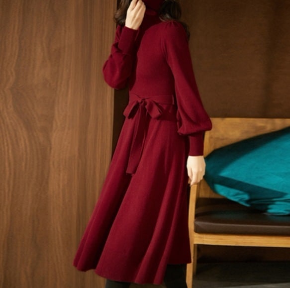 ニット ワンピース 全4色 ロング丈 長袖 袖あり タートルネック ウエストマーク ベルト リボン Aライン フレア こなれ感 きれいめ おしゃれ お洒落 着痩せ 細見え かわいい 可愛い